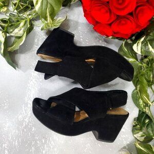Clarks Black Suede Leather Peep Toe Wege Platform Sandal Shoe
